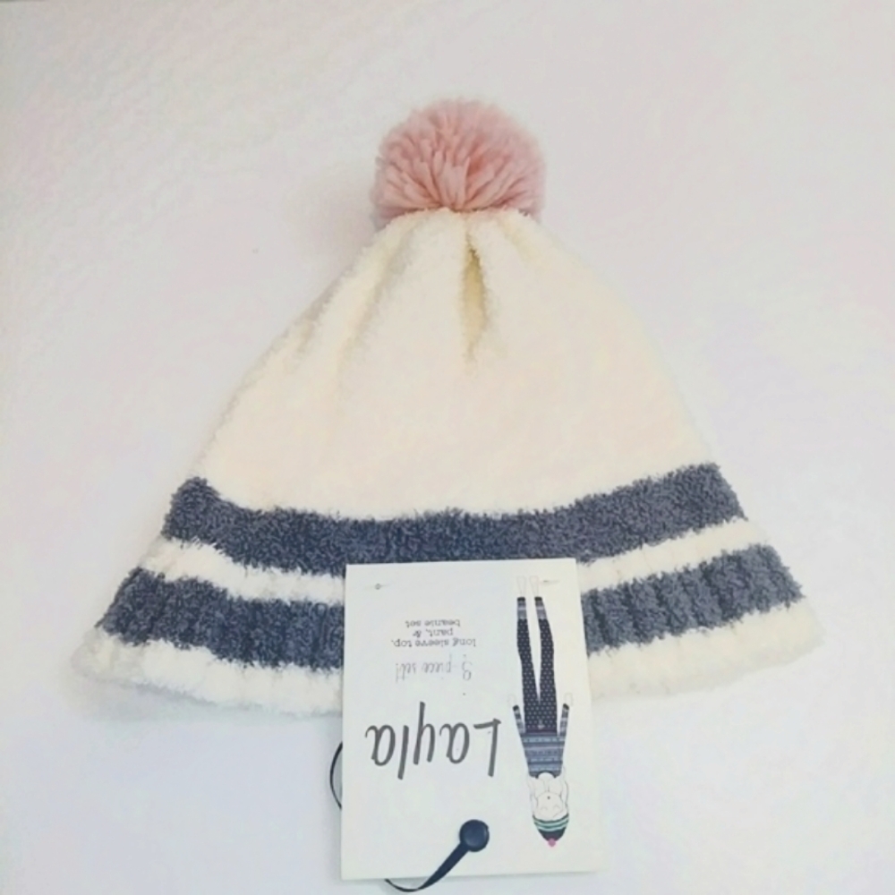 Layla Beanie White with Grey Stripes Hem Pink Pom Soft